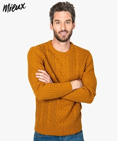 GEMO Pull homme à torsades en polyester recyclé Jaune