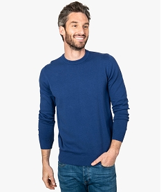 GEMO Pull homme uni en maille fine avec col rond Bleu