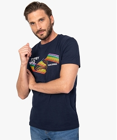 GEMO Tee-shirt homme à manches courtes et motif multicolore Bleu