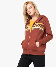 GEMO Sweat femme zippé à capuche et motif Brun