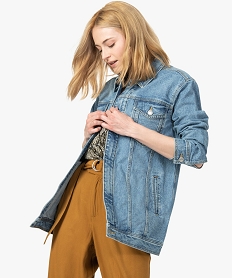 GEMO Veste en jean femme coupe longue et fermeture zippée Bleu