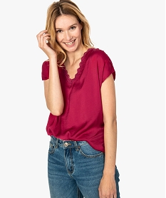 GEMO Blouse femme en satin à col V en dentelle Rouge