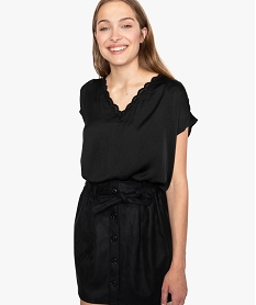 GEMO Blouse femme en satin à col V en dentelle Noir