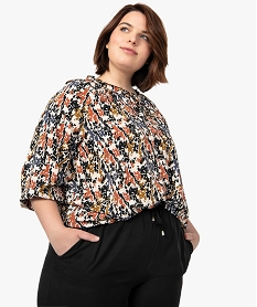 GEMO Blouse femme grande taille imprimée à manches 34 et col fantaisie marron vif