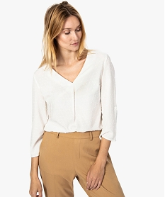 GEMO Blouse femme à col V effet plumetis Blanc