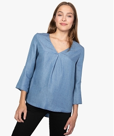 GEMO Blouse femme en chambray uni à manches retroussables Bleu