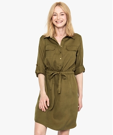 GEMO Robe femme à col chemise et lien à la taille en lyocell Beige
