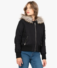 GEMO Blouson femme coupe courte avec doublure chaude et capuche fantaisie Noir