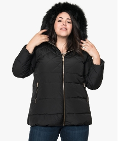 parka femme courte avec jeu de supiqures et capuche duveteuse noir vestes et manteaux9240501_1