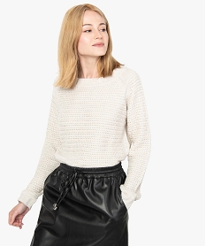 GEMO Pull femme en maille fantaisie et large col rond beige chine