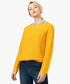 GEMO Pull femme en maille fantaisie et large col rond Jaune