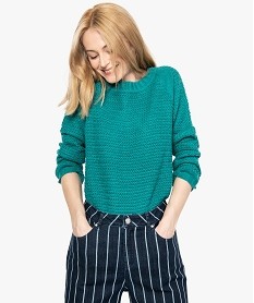 GEMO Pull femme en maille fantaisie et large col rond Vert