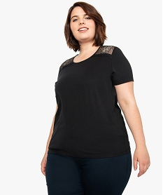 GEMO Tee-shirt femme manches courtes avec dentelle aux épaules Noir