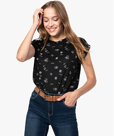 GEMO Tee-shirt femme imprimé avec manches courtes à revers Noir