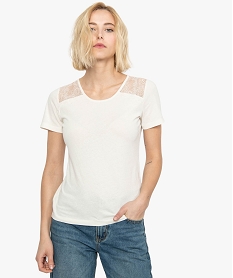 GEMO Tee-shirt femme à manches courtes avec épaules en dentelle Blanc