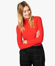 GEMO Tee-shirt femme moulant à manches longues et col montant rouge standard