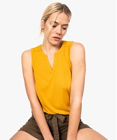 GEMO Débardeur femme en maille fluide et col fantaisie jaune vif