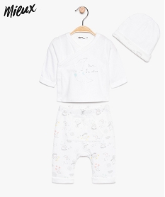 GEMO Ensemble bébé 3 pièces en coton bio : brassière + pantalon + bonnet Blanc