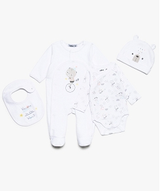 GEMO Ensemble bébé 4 pièces : pyjama + body + bonnet + bavoir Blanc