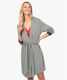 GEMO Veste homewear femme ceinturée avec finition dentelle Gris