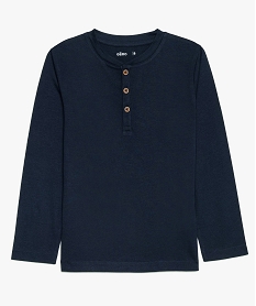 GEMO Tee-shirt garçon uni col tunisien et manches longues en coton bio Bleu