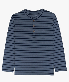 GEMO Tee-shirt garçon rayé col tunisien manches longues en coton bio bleu standard