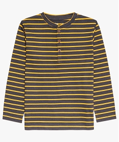 GEMO Tee-shirt garçon rayé col tunisien manches longues en coton bio jaune standard