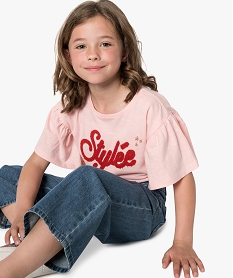 GEMO Tee-shirt fille à manches courtes volantées et motif bouclette Rose