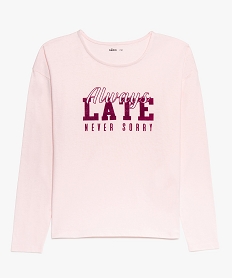 tee-shirt fille a manches longues avec inscription fantaisie rose9389301_1