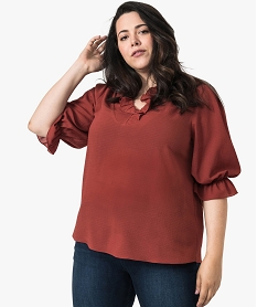 GEMO Blouse femme fluide à col et poignets volantés Rouge