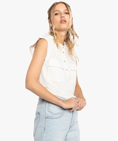 GEMO Tee-shirt femme sans manches avec boutons et poches poitrine Beige