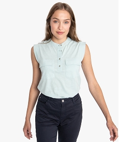 GEMO Tee-shirt femme sans manches avec boutons et poches poitrine Vert