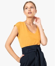 tee-shirt femme sans manches a taille elastiquee et col v orange9399901_1