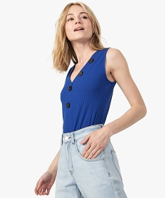 GEMO Débardeur femme en maille côtelée avec boutons décoratifs bleu standard