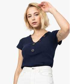 GEMO Tee-shirt femme à manches courtes en maille côtelée Bleu