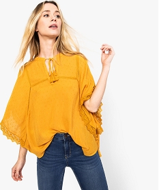 GEMO Tunique femme forme poncho en gaze plumetis avec dentelle Jaune