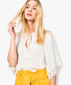 GEMO Tunique femme forme poncho en gaze plumetis avec dentelle Beige