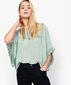 GEMO Tunique femme forme poncho en gaze plumetis avec dentelle Vert