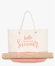 sac de plage en toile bicolore avec inscription et natte de plage rose cabas - grand volume9411301_1