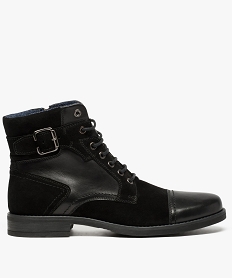 GEMO Boots homme à lacets dessus cuir lisse et cuir velours noir vif