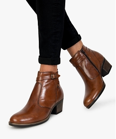 GEMO Bottines femme dessus cuir avec bride fine et fermeture zip marron vif