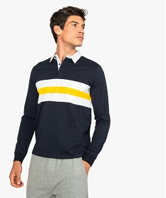 GEMO Polo homme à manches longues avec bandes contrastantes bleu standard