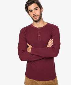 GEMO Tee-shirt homme manches longues et col tunisien en maille nid dabeille Rouge
