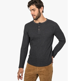 GEMO Tee-shirt homme manches longues et col tunisien en maille nid dabeille marron chine