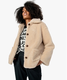 GEMO Manteau femme en matière peluche avec grand col Brun