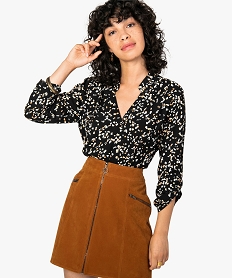 GEMO Blouse femme fluide et imprimée à effet cache-cœur Noir