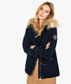 GEMO Manteau femme avec doublure chaude et capuche à bordure amovible Bleu