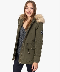 GEMO Manteau femme avec doublure chaude et capuche à bordure amovible Vert