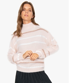 pull femme en maille poilue avec rayures pailletees rose9497901_1