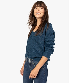 pull femme a col v avec fil paillete bleuA008001_1